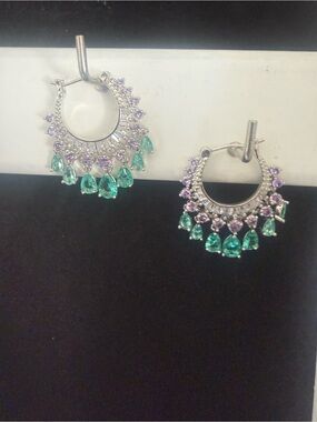 Silver Hoop Earrings with Green Teardrop & Purple Accent Stones